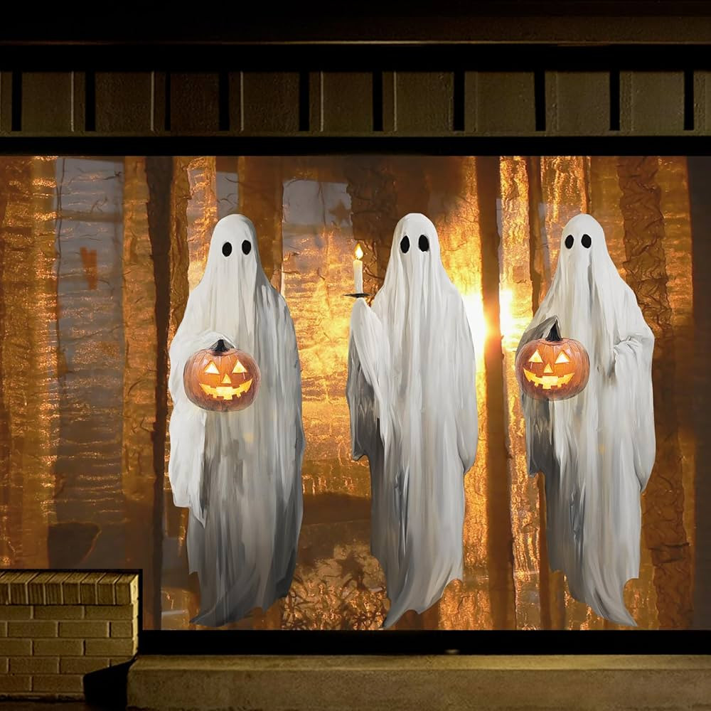 Halloween Decorations Window Clings Decor, 3pcs Extra Large Scary White Ghosts with Pumpkin Lante... | Amazon (US)