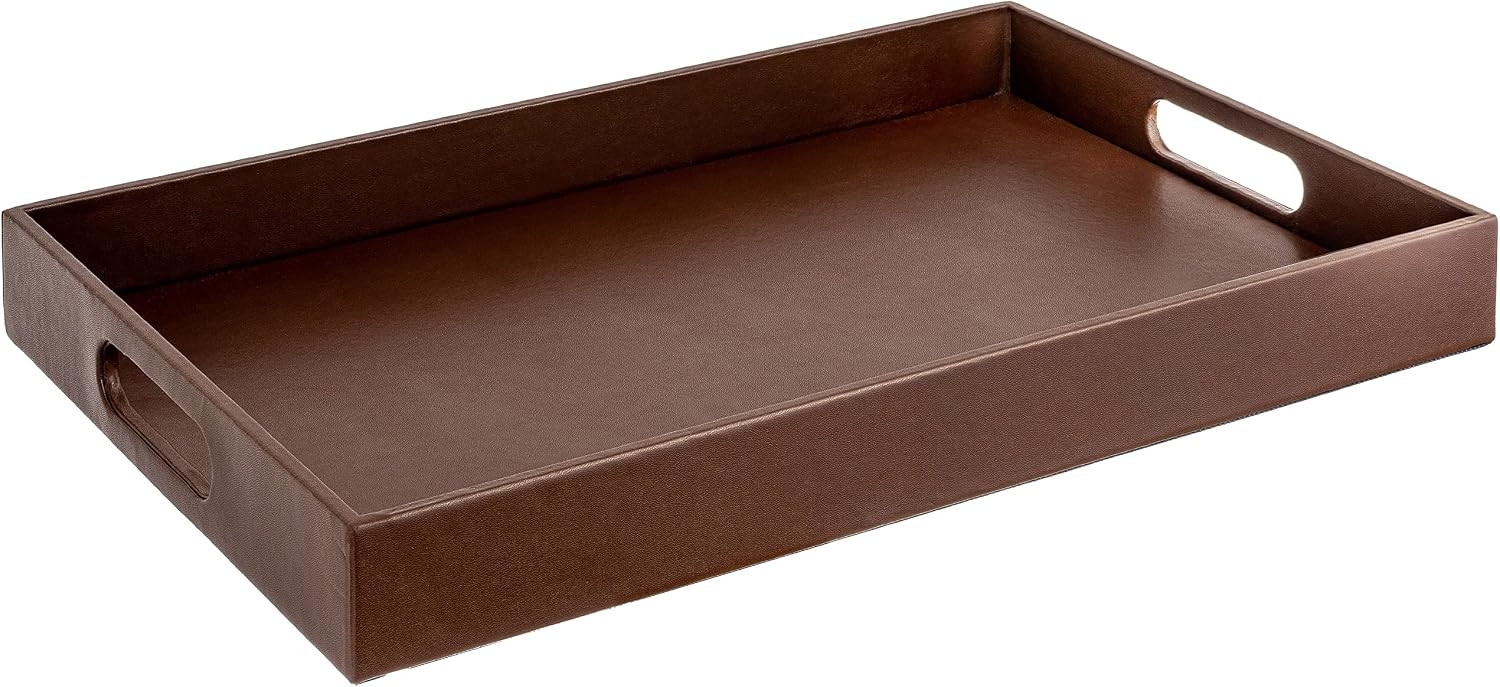 Beautiful Modern Elegant 17.5"x12" Rectangle Classic Brown Faux Leather Decorative Tray Ottoman Coffee Table Perfume Living Room Kitchen Serving Tray with Handles for All Occasion's | Amazon (US)