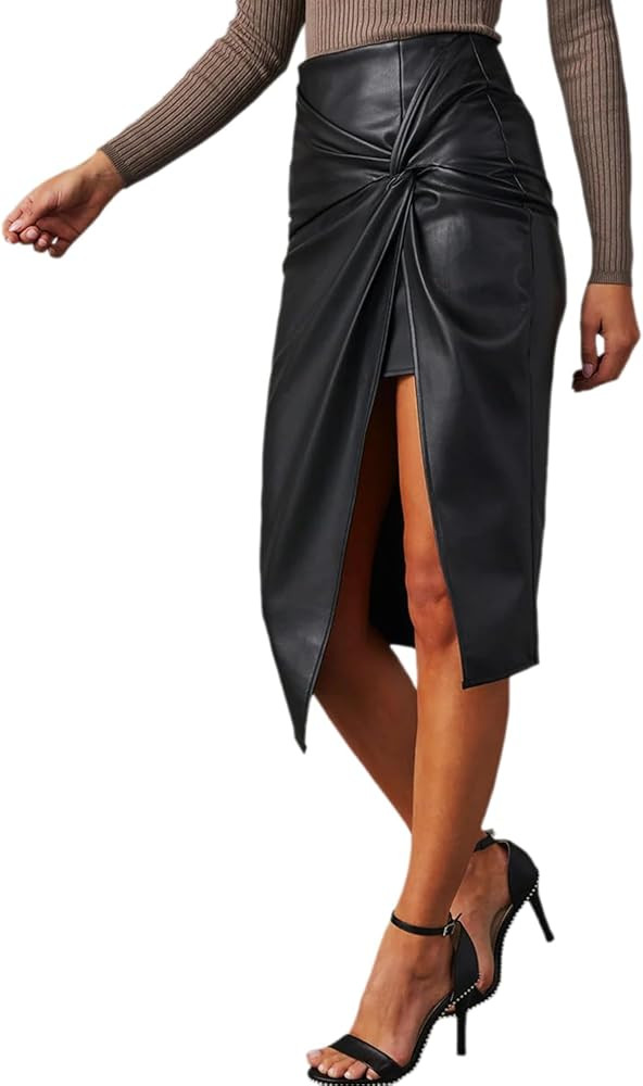 Womens High Waisted Criss Cross Front Split Faux Leather Midi Wrap Skirt High Slit Ruched Flared ... | Amazon (US)