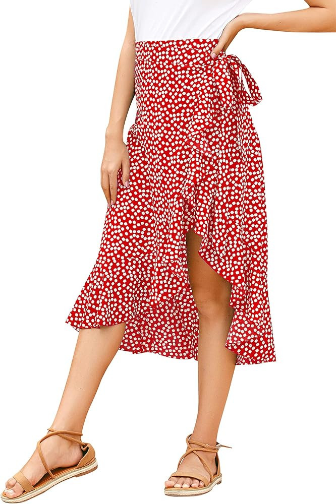 LYANER Women's Boho Floral Print Wrap Front Self Tie Knot Ruffle Hem Split Midi Skirt | Amazon (US)