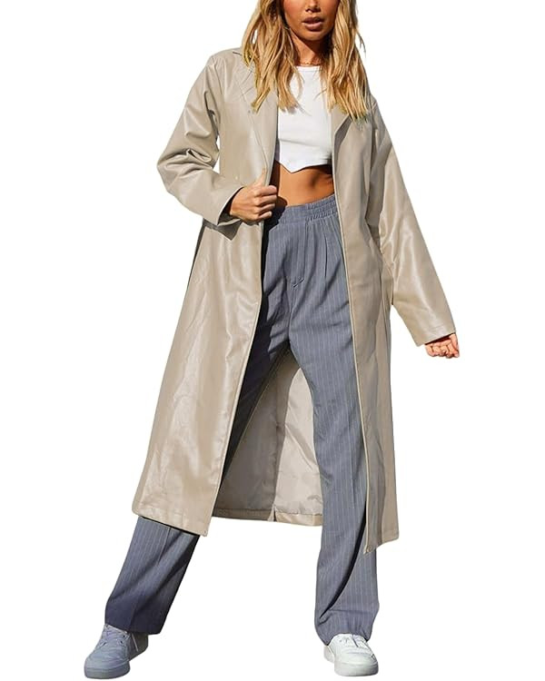 chouyatou Women's Casual Lapel Open Front Pu Faux Leather Long Trench Coat with Belt | Amazon (US)