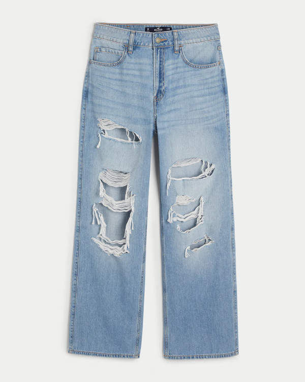 Ultra High-Rise Lightweight Medium Wash Butterfly Print Baggy Jeans | Hollister (US)
