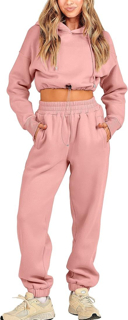 Prinbara Women's 2023 Fall Two Piece Outfit Long Sleeve Oversized Cropped Hoodie Long Pants Track... | Amazon (US)