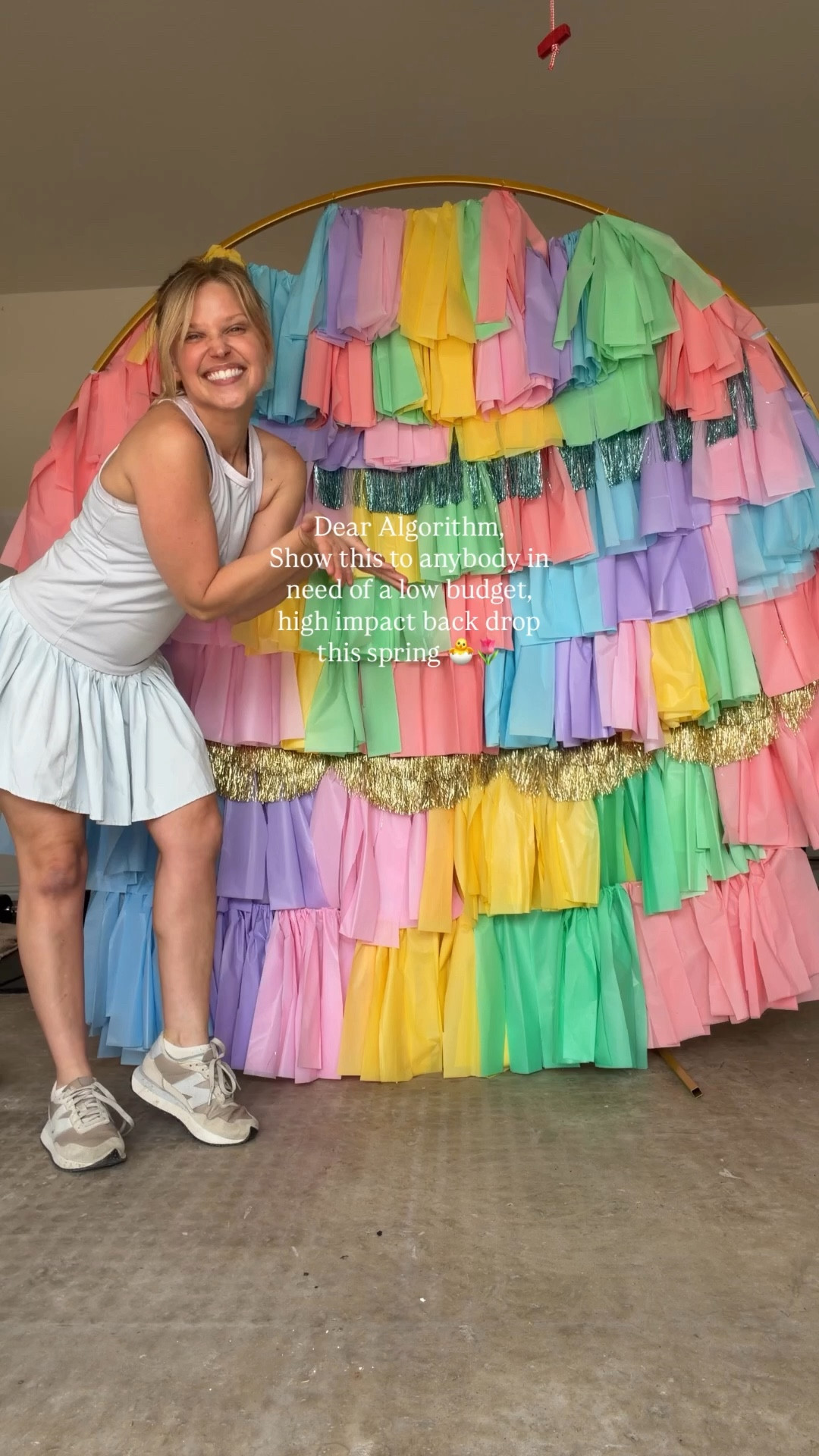 She’s a piñata, a confetti egg, a rainbow birthday theme... she’s just perfect. And so budget friendly! 🙌🏻

We will have balloons added on Sunday, but without balloons you just fill the space on top with extra clumps attached directly to the bar like I did on the sides! 