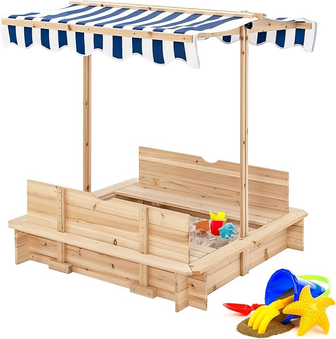 Costzon Kids Wooden Sandbox with Convertible Canopy, Cedar Square Cabana Sandbox with Cover, 2 Be... | Amazon (US)
