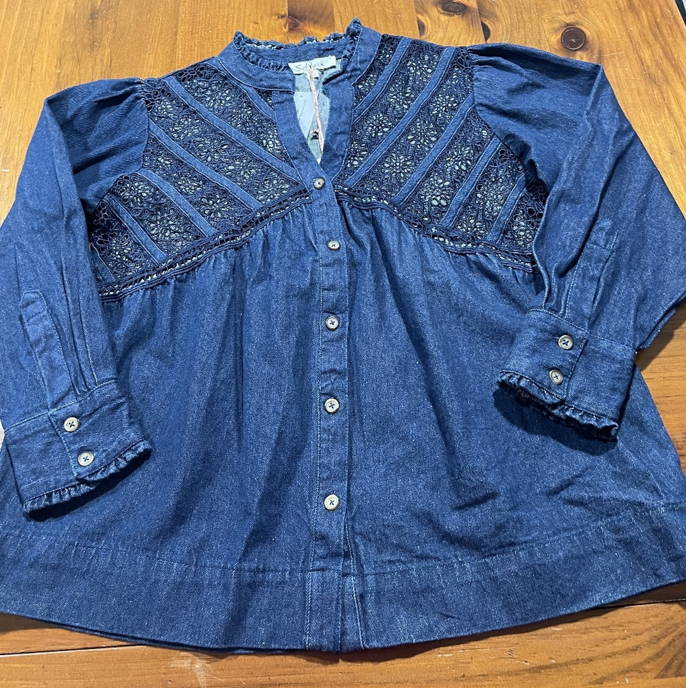NWT Solitaire Womens Hand\u200e Made Embroidered Denim Ruffle Trim Long Sleeve Blouse | Poshmark