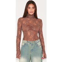 Brown Lace High Neck Long Sleeve Bodysuit | PrettyLittleThing US
