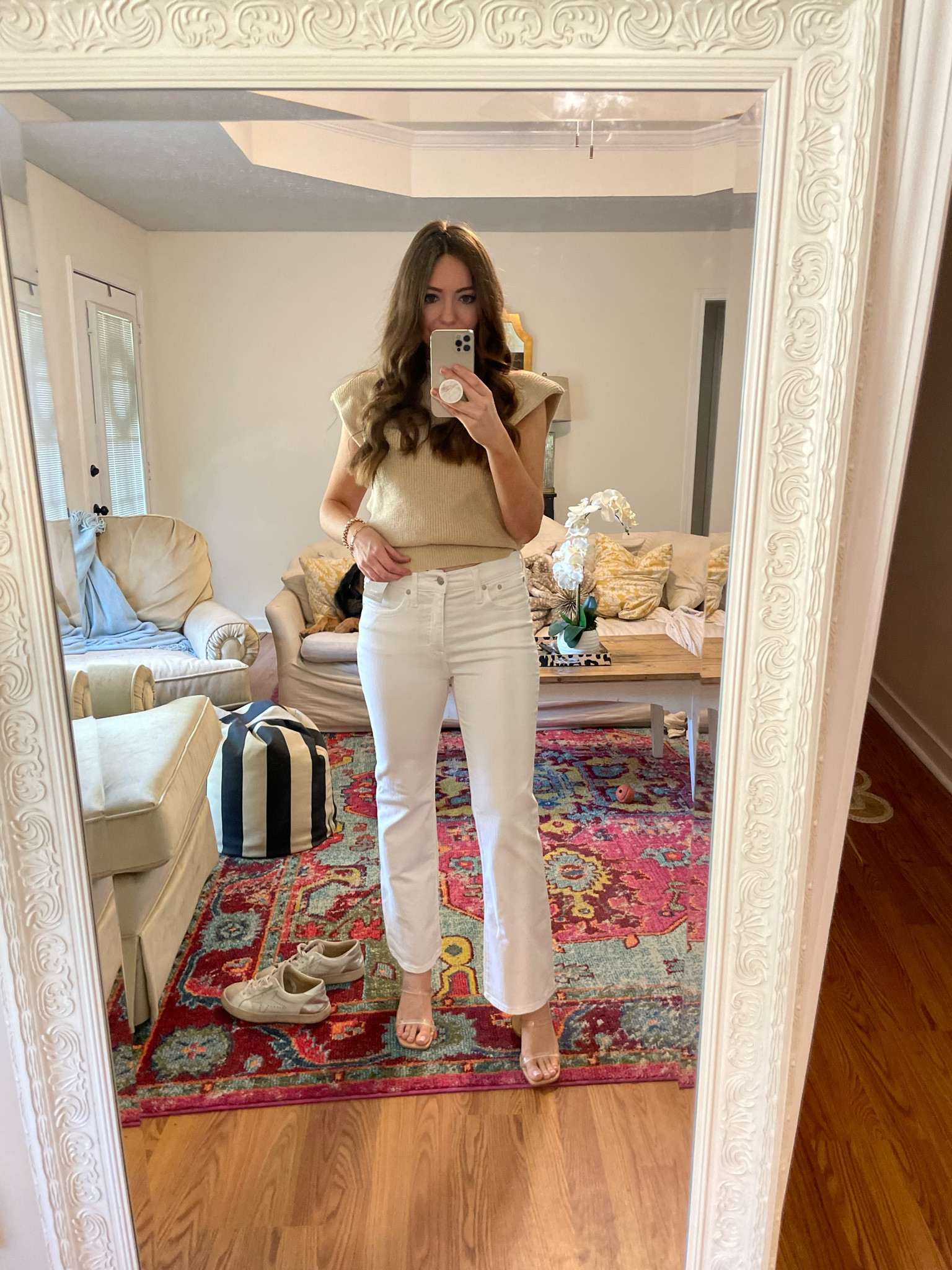 Madewell kick out crop white jeans. Amazon sleeveless sweater 