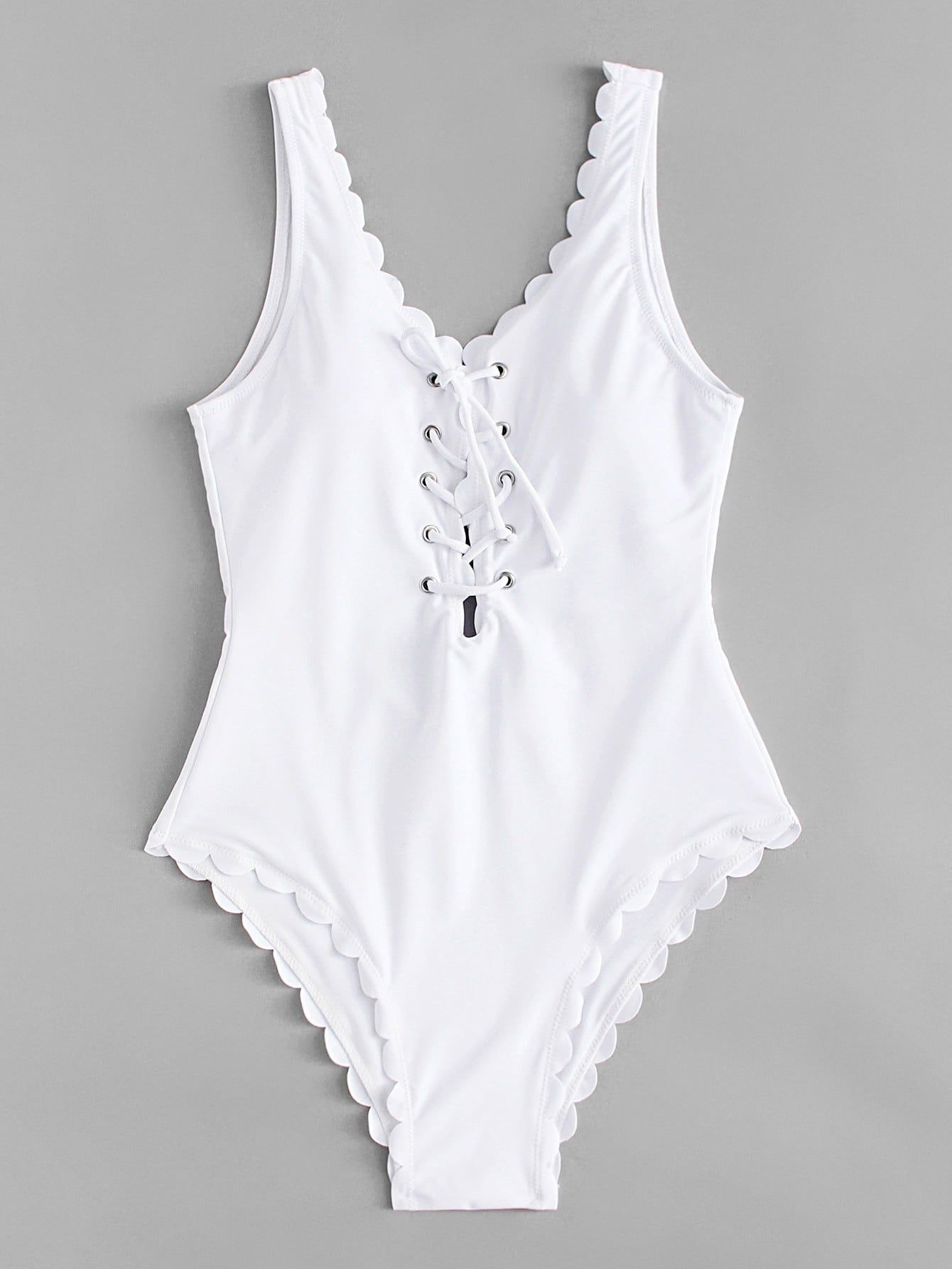 Lace Up Front Scallop Swimsuit | SHEIN