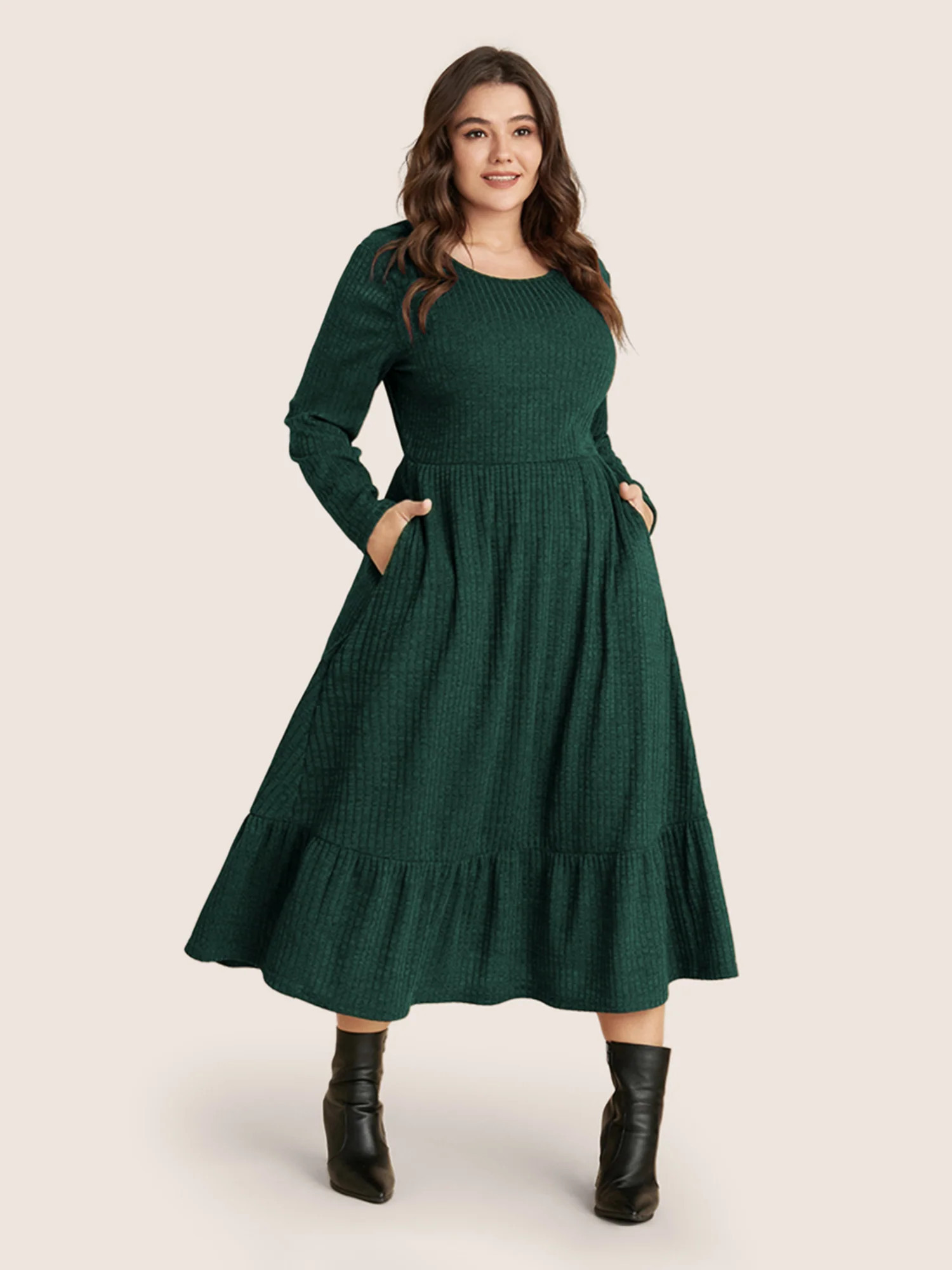 Solid Pocket Rib Knit Ruffle Hem Dress Without Belt | Bloomchic