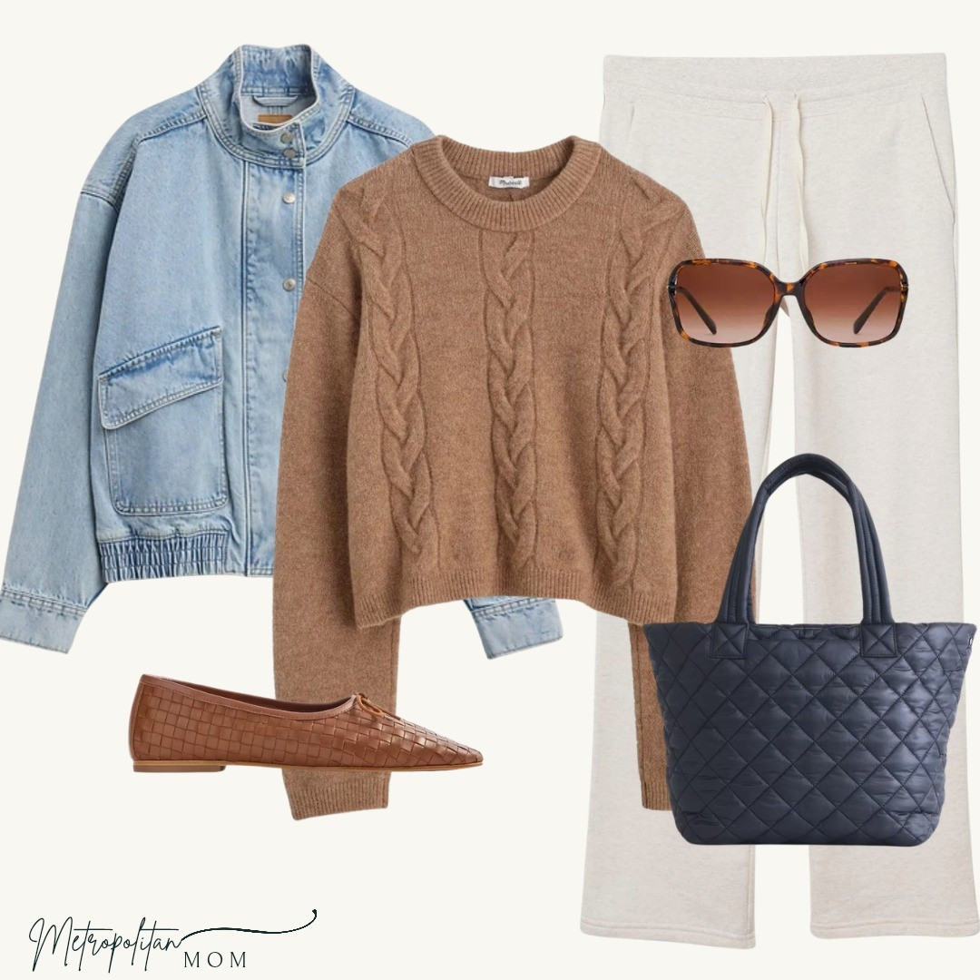 Travel Elevated Travel comfort featuring Amazon cream string-tie sweatpants, a cropped brown Madewell sweater, soft denim bomber jacket, woven brown flats, oversized Coach sunglasses, and a navy quilted Quince tote.Relaxed, comfortable, and pulled together for long travel days.

#LTKOver40 #LTKTravel #LTKmomlife