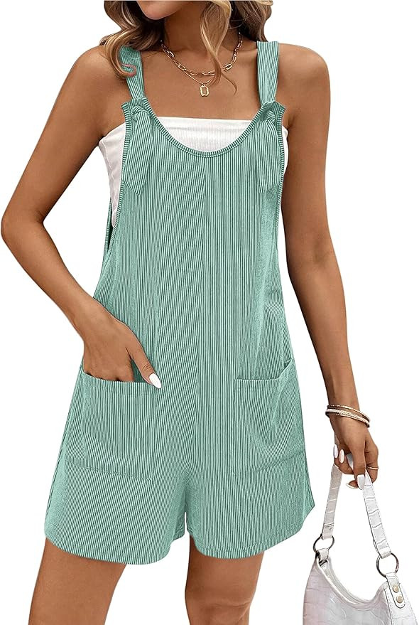 Ekouaer Rompers for Women 2025 Fashion Ribbed Knit Jumpsuit Scoop Neck Loose Outfit Wide Leg Summ... | Amazon (US)