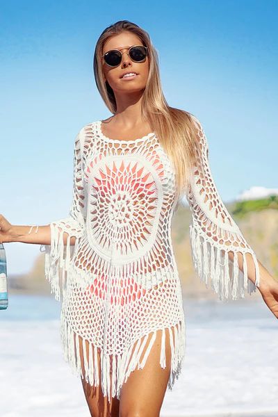 White Crochet Cover Up with Fringe Trim | Cupshe