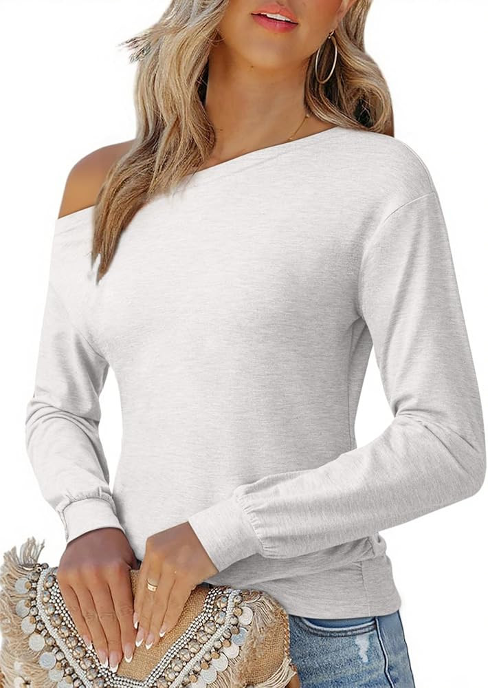 EVALESS Womens Off The Shoulder Tops Casual Long Sleeve Asymmetrical Boat Neck Going Out Tops T S... | Amazon (US)