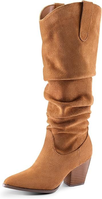 mysoft Women's Cowboy Knee-High Boots Pointed Toe Wide Calf Mid Chunky Heel Pull On Slouchy Boots... | Amazon (US)