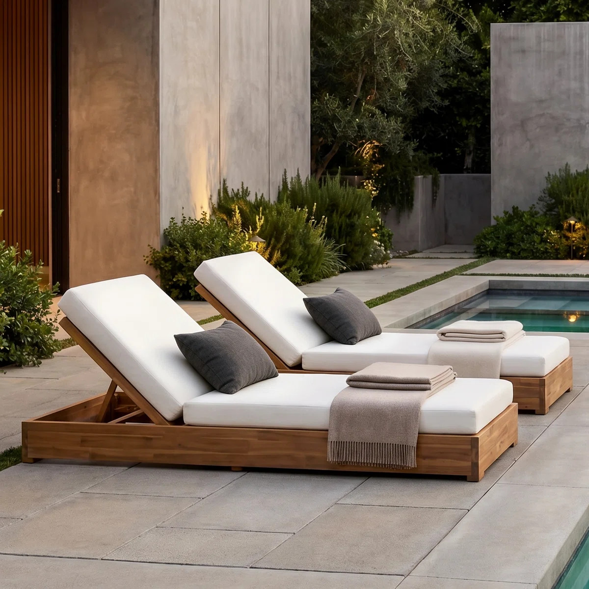 Leite 79" Long Reclining Outdoor Acacia Chaise Lounge Set with Cushions | Wayfair North America