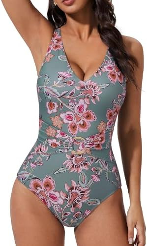 SUUKSESS Women Retro One Piece Swimsuit Metal Tummy Control V Neck Bathing Suit | Amazon (US)