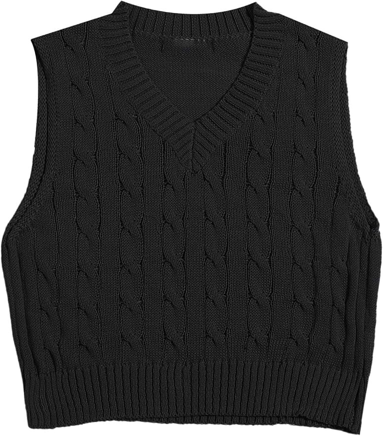 MakeMeChic Women's Solid V Neck Cable Knit Sweater Vest Sleeveless Crop Top | Amazon (US)