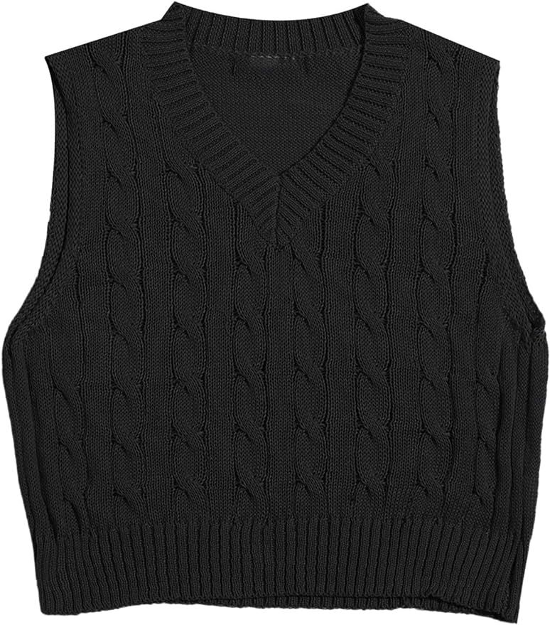 MakeMeChic Women's Solid V Neck Cable Knit Sweater Vest Sleeveless Crop Top | Amazon (US)