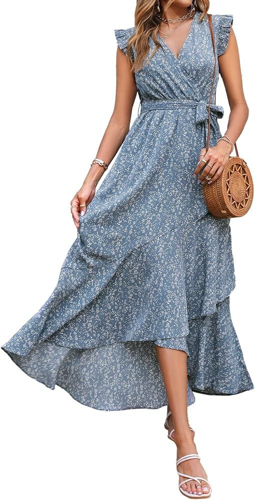 BTFBM Women's Summer Dresses Ruffle Cap Sleeveless V Neck Boho Floral Print Wrap Side Split Long Bea | Amazon (US)