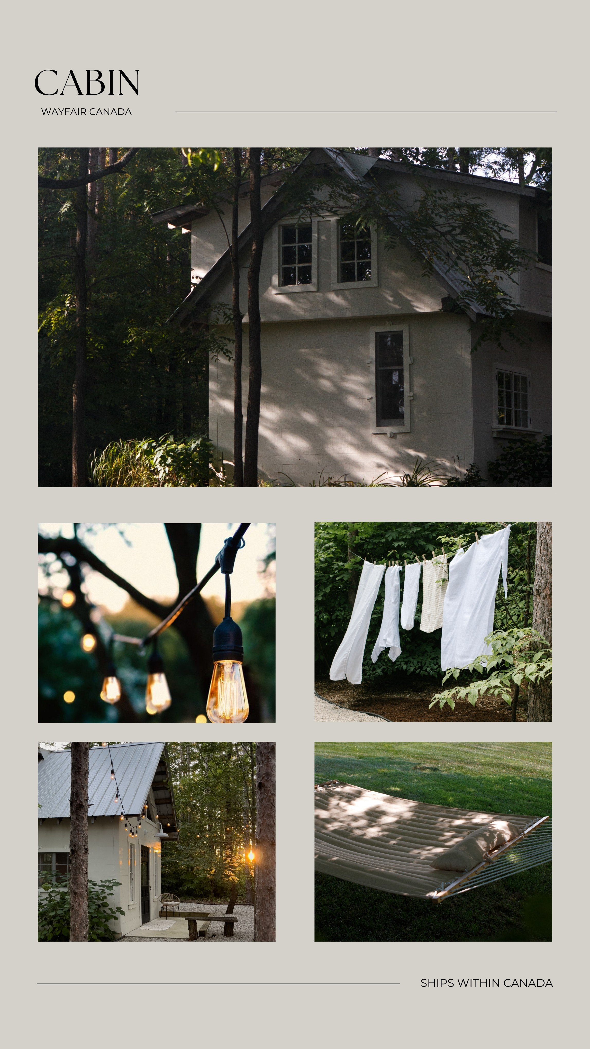 CABIN STYLE: Edison string lights cast a warm glow (I LOVE that they are incandescent and dimmable), a double hammock for cozy lounging, pretty cabin lighting and even a retractable laundry line. Keeping it real. There is always laundry :) But hey, never mind 5 star hotels, we love looking at 5 million stars in the sky.  @wayfaircanada #ad #WayfairCanada #WayfairCAHome #WayfairCAPartner