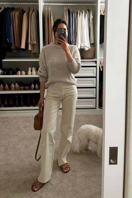 Neutral spring outfit/lunch outfit by the beach 

Everlane alpaca sweater xs 
White wide leg/relaxed jeans Abercrombie 24 regular, sized down in this wash - on sale this weekend for 15% off (+an additional 15% using the code: DRESSFEST) 
Favorite comfy sandal slides tts (gets comfier with wear) 

#LTKFindsUnder100 #LTKSaleAlert