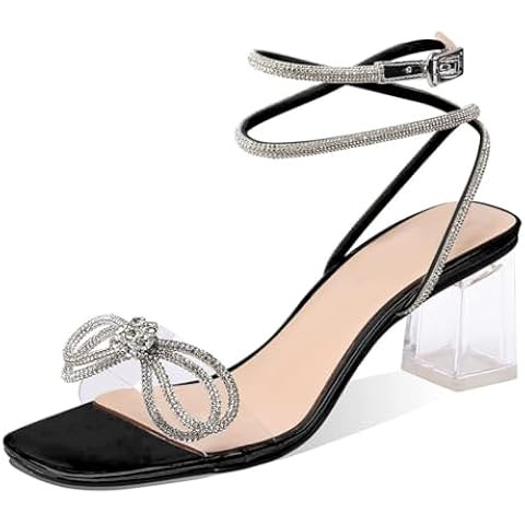 Amoji Women's 4 Inch Rhinestone Bowknots Block Heeled Crystal Sandal Ankle Strap Clear Heels 315 | Amazon (US)