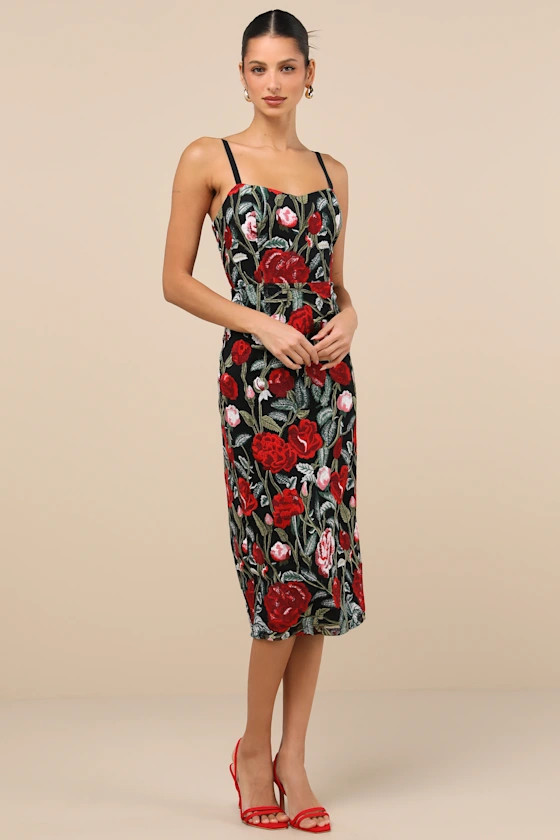 Notorious Refinement Black Multi Embroidered Lace-Up Midi Dress | Lulus