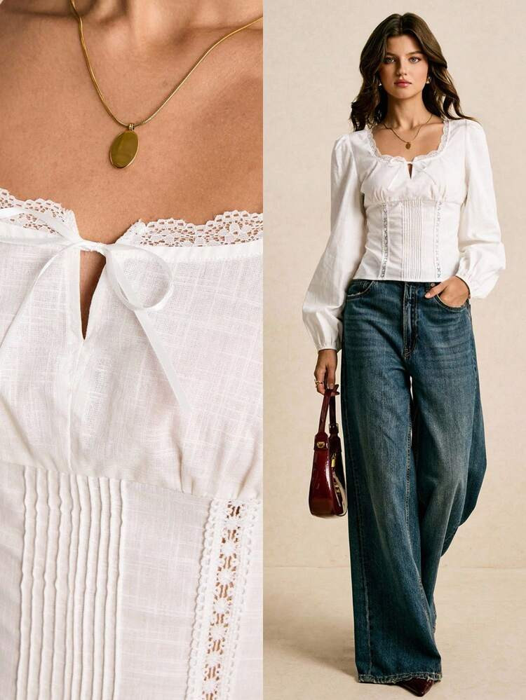 Poéselle Women's Contrast Lace Bow Decor Pleated Design Elegant Blouse,White Top | SHEIN