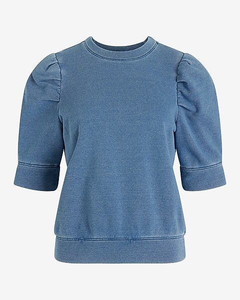 Washed Crew Neck Short Puff Sleeve Fleece Sweatshirt | Express