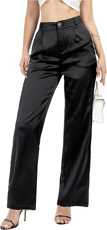 heipeiwa Women's Wide Leg Wedding Party Satin Casual Dress Nightout Pants Long Trouser | Amazon (US)
