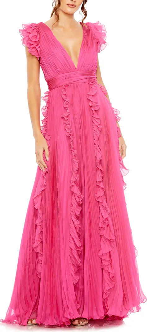 Mac Duggal Pleated Ruffle Cap Sleeve Chiffon Gown | Nordstrom | Nordstrom