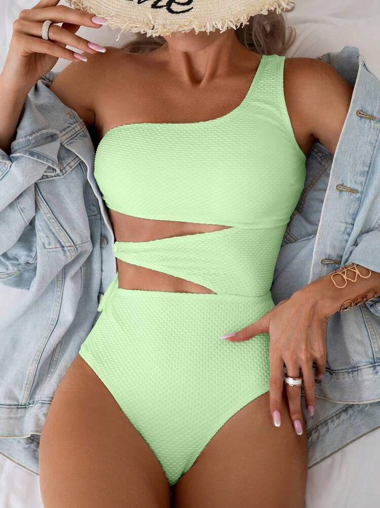 SHEIN Swim Summer Beach Ladies' Solid Color Simple Daily Wear Hollow-Out Oblique Shoulder One-Pie... | SHEIN