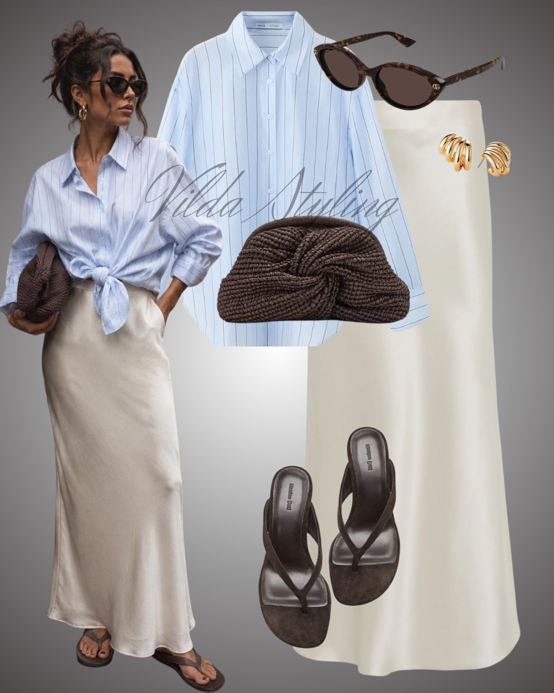You are ready for brunch with the girls in this chic and effortless outfit! The light blue striped linen shirt can be worn open or tied at the waist, as seen on the model. This versatile piece pairs perfectly with the sleek cream satin midi skirt. Complete the look with these must-have brown suede heeled flip-flops and a chunky woven clutch. For a final touch, add tortoiseshell sunglasses and stacked gold hoop earrings.
#summeroutfit #effortlessstyle #brunchoutfit #casualchic #satinskirt #wovencrutch #heeledflipflops

#LTKsummer #LTKspring #LTKstyletip