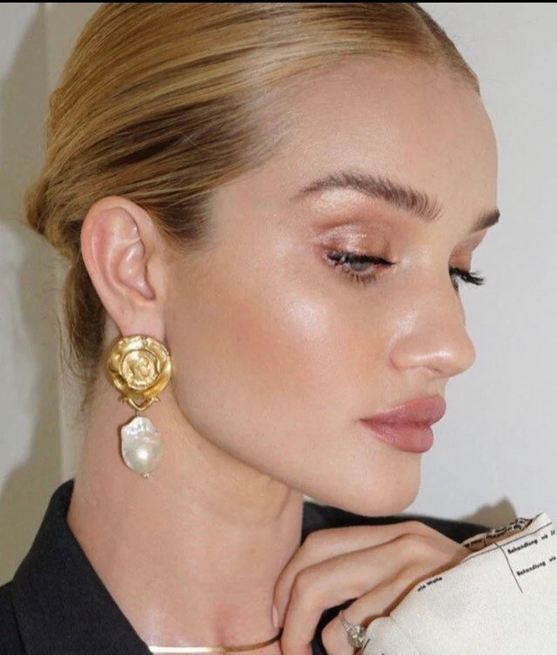 Gold Floral Baroque Pearl Earrings Large Gold Flower Stud - Etsy | Etsy (US)