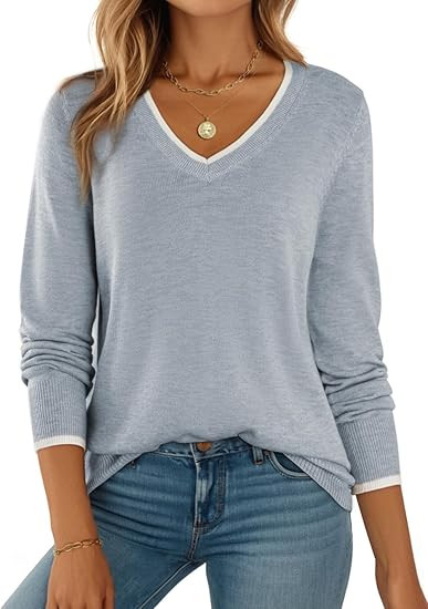 Dokotoo Womens Sweaters Dressy Casual Long Sleeve V Neck Lightweight Ribbed Knit Wool Pullover Ju... | Amazon (US)