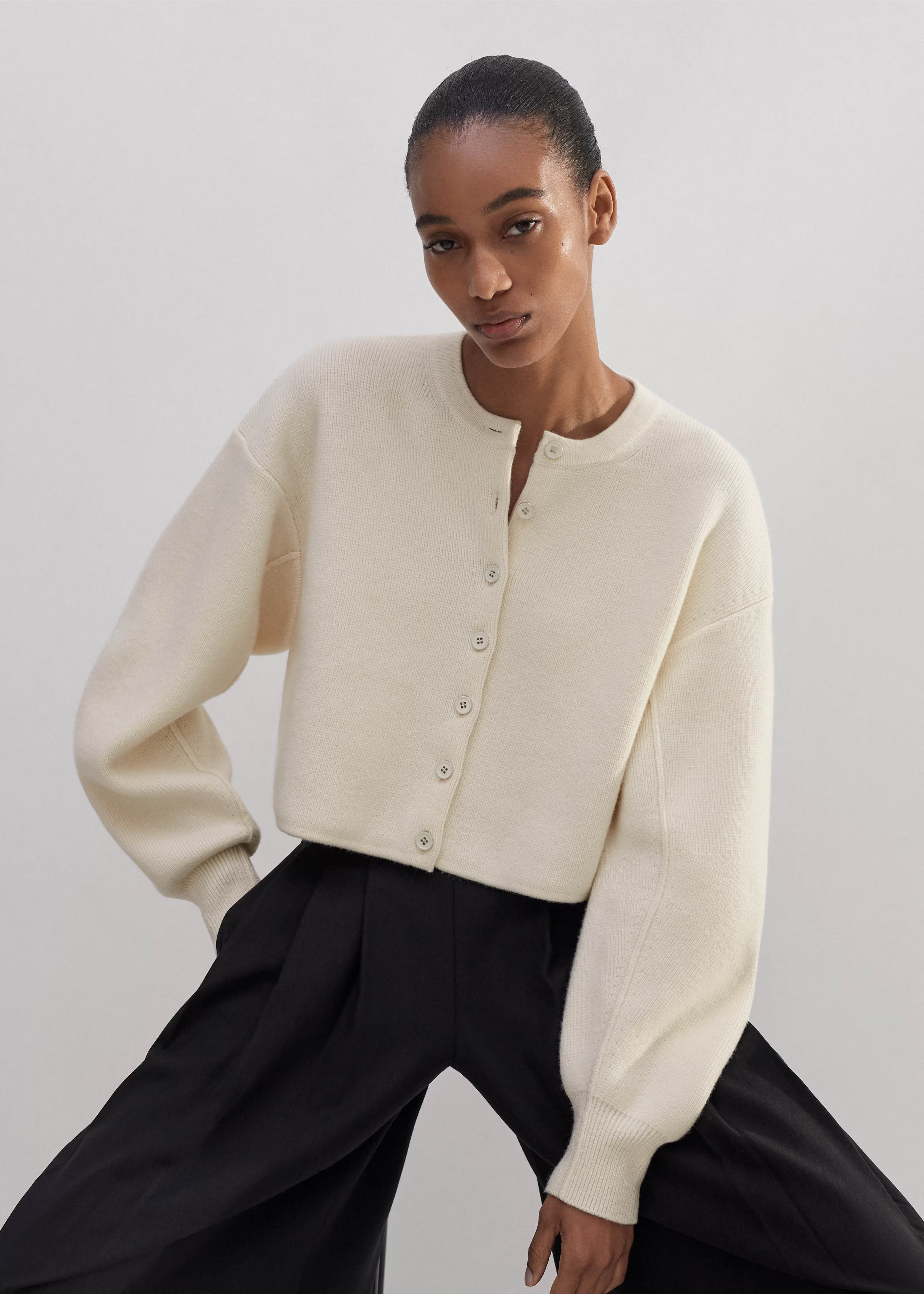 Women's Cream Dramatic Sleeve Crop Knit Jacket | ME+EM | ME+EM Global (Excluding US)