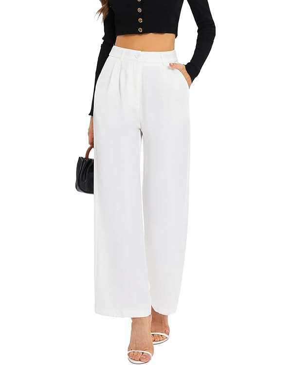 FUNYYZO Wide Leg Pants Women's High Elastic Waisted in The Back Business Work Trousers Long Strai... | Amazon (US)