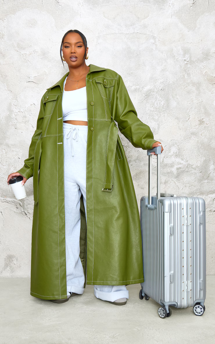 Plus Olive Pu Contrast Stitch Trench Coat | PrettyLittleThing US
