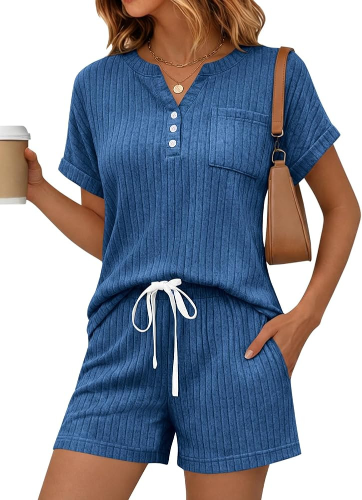 Yousify 2 Piece Short Sets for Women Summer 2026 Lounge Short Sleeve Henley Outfits Sweatsuit wit... | Amazon (US)