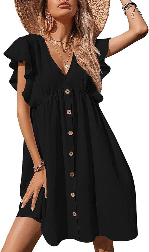 MYFYU Women's Casual Dresses V-Neck Ruffle Short Sleeve Dress for Womens Black Summer Cute Dresse... | Amazon (US)