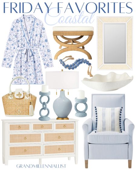 Coastal home decor cane rattan mirror woven handbag dresser raffia striped chair blue lamp coastal beach pillow ottoman blue glass beads

#LTKstyletip #LTKSeasonal #LTKhome