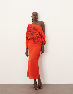 ARRANGE linear embroidered floral slouchy shoulder drape midi dress in red | ASOS (Global)