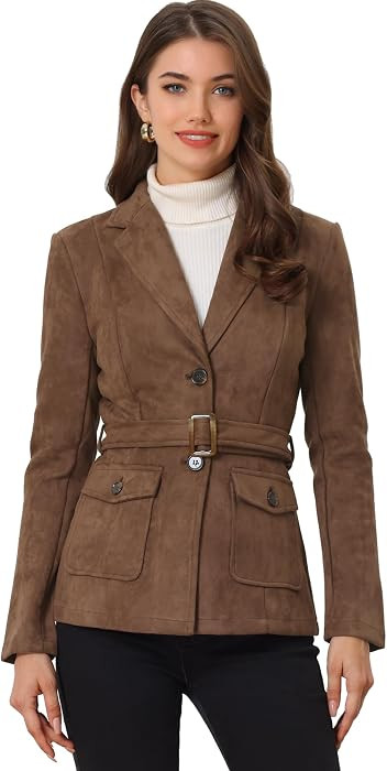 Allegra K Women's Faux Suede Blazer Belted Lapel Outwear Single Breasted Work Jacket | Amazon (US)