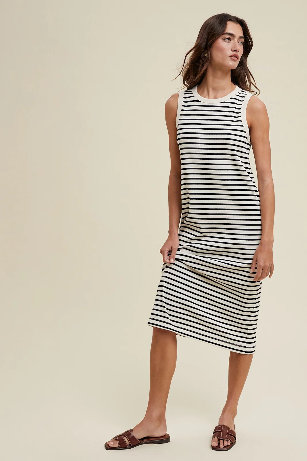 Cream Striped Ribbed Knit Sleeveless Midi Dress - Medium | PinkBlush Maternity