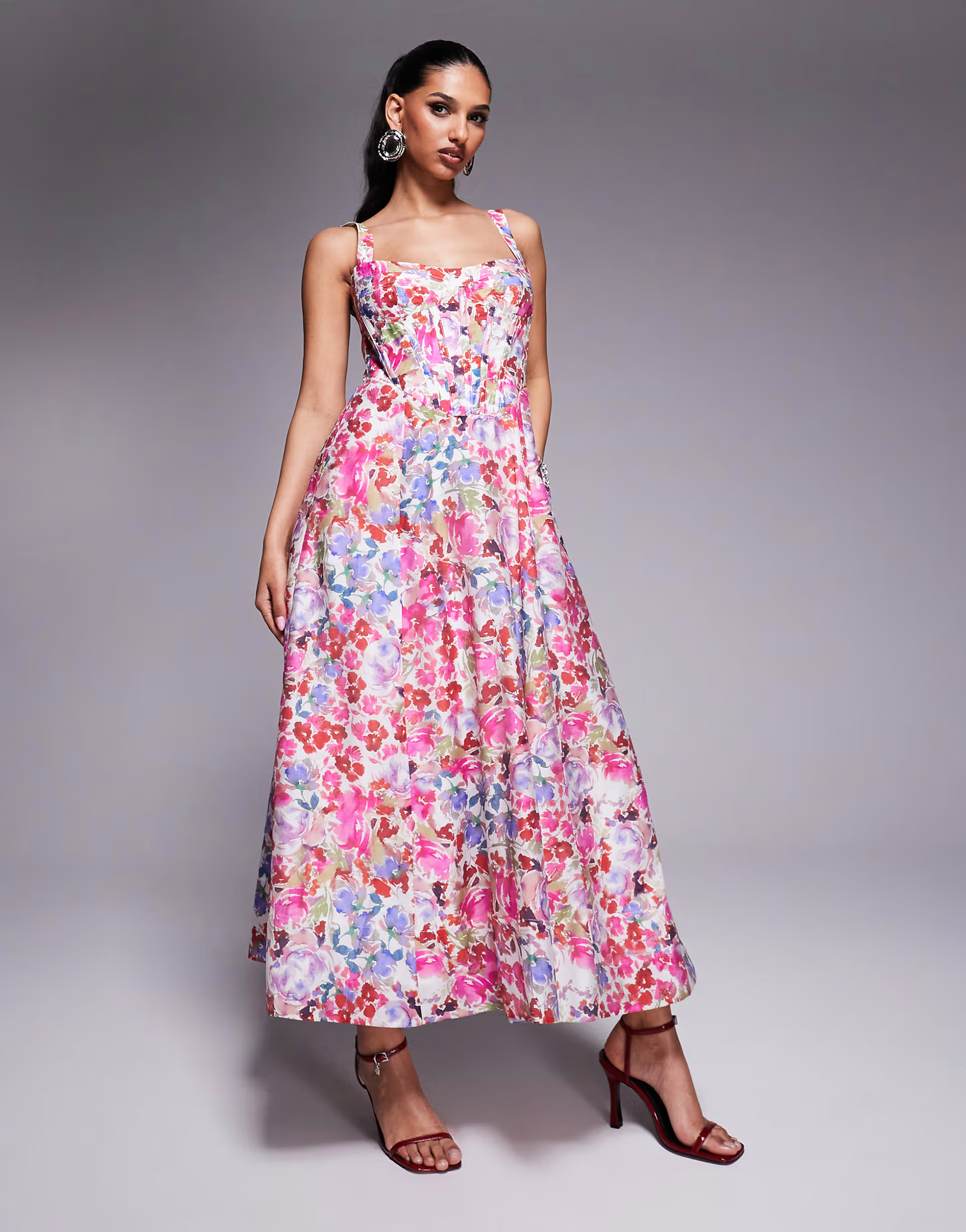 Bardot corset midi dress in pink floral | ASOS (Global)
