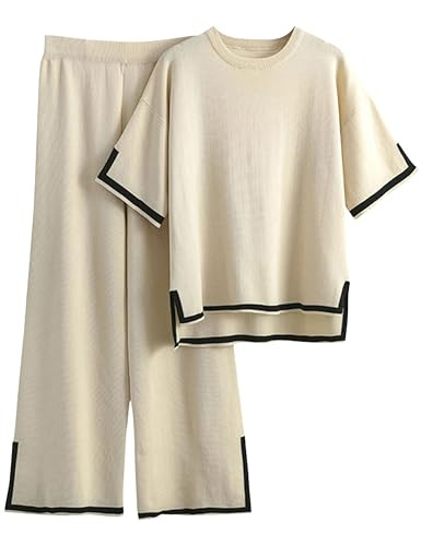 Tanming Sweater Sets Women 2 Piece Lounge Sets Short Sleeve Knit Pullover Tops Wide Leg Pants (Apricot-M) | Amazon (US)
