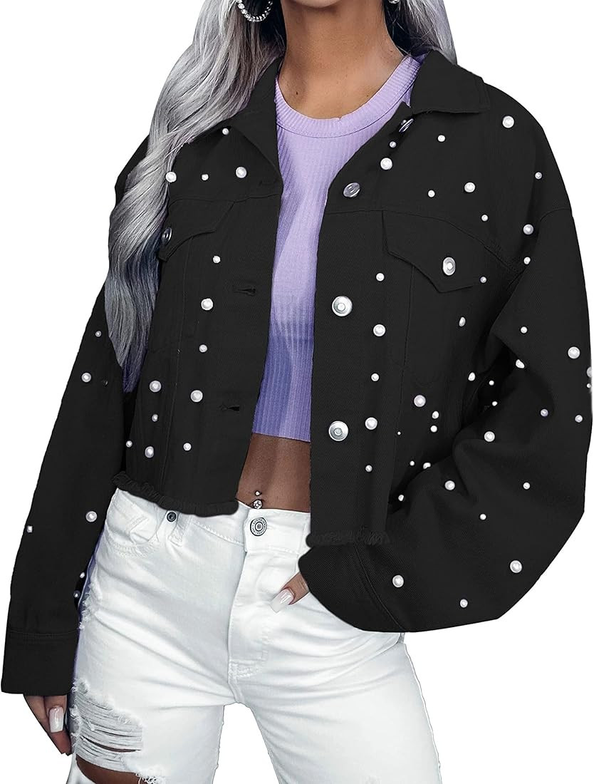 Esmeling Womens Cropped Pearls Beading Jean Jacket Oversized Frayed Pearly Denim Jacket | Amazon (US)