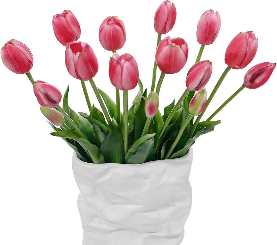15 Pcs Deep Pink Artificial Tulips Fake Flowers, Premium Latex Lifelike Texture, UV Resistant Wat... | Amazon (US)