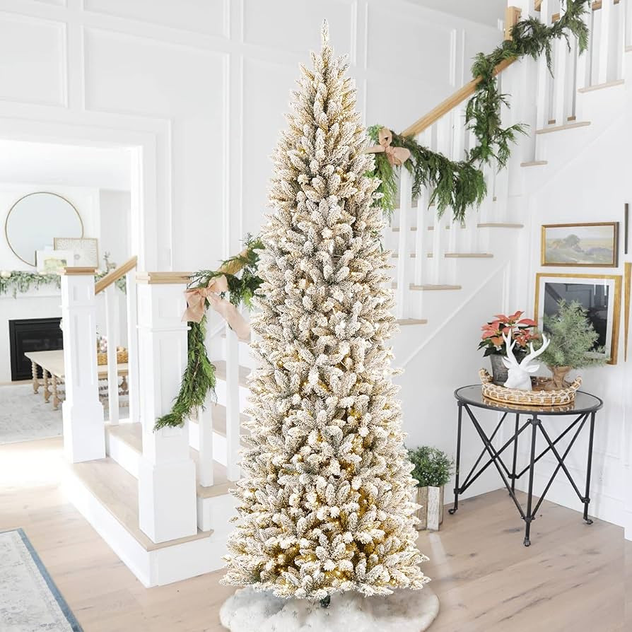 9ft Pre-Lit Flocked Pencil Fir Artificial Christmas Tree with 600 Warm White Lights | Amazon (US)